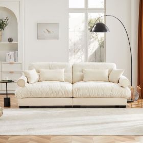 Modern Two-Seat Sofa with Bolstered Armrests,Velvet 2-Seat Sofa With Waist Pillows and Throw Pillows , Suitable for Living Room (Color: Cream)