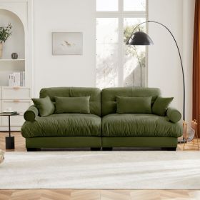 Modern Two-Seat Sofa with Bolstered Armrests,Velvet 2-Seat Sofa With Waist Pillows and Throw Pillows , Suitable for Living Room (Color: Olive Green)